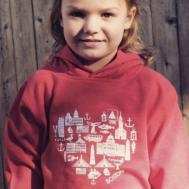 heather red toddler hoodie with heart-shaped icons of Boston white graphic